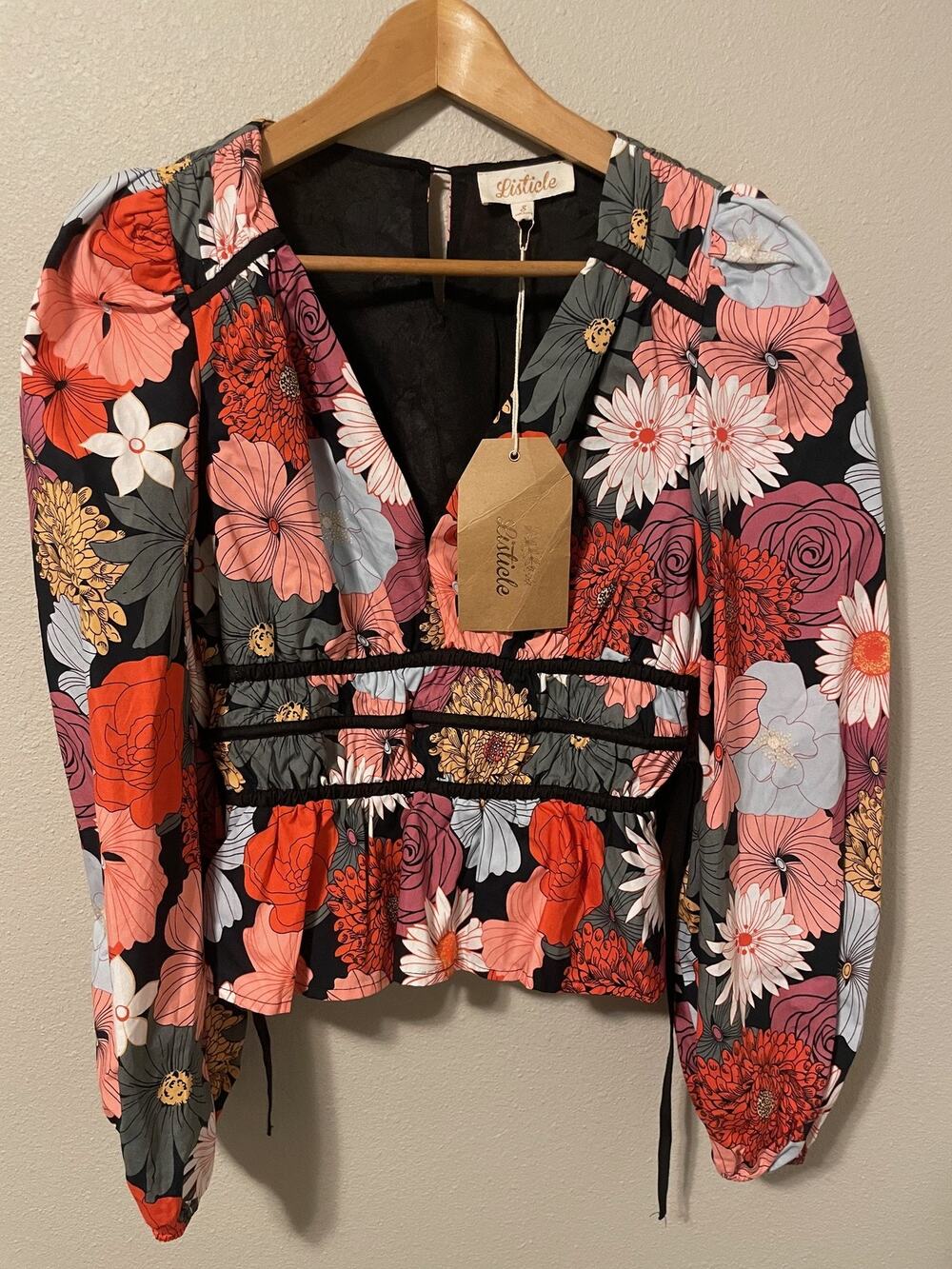 Listicle Top Womens Small Multicolor Floral Puff Sleeve V Neck Peplum Boho NEW